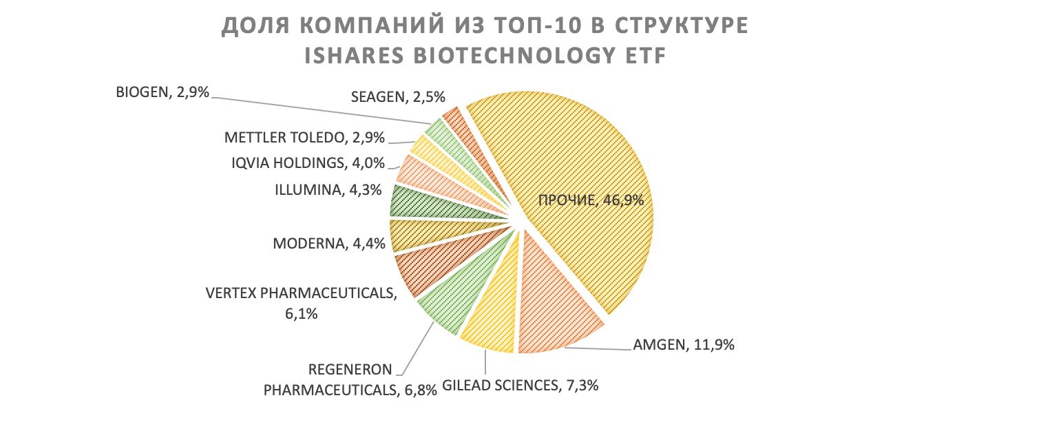 Доля компаний в iShares Biotechnology ETF